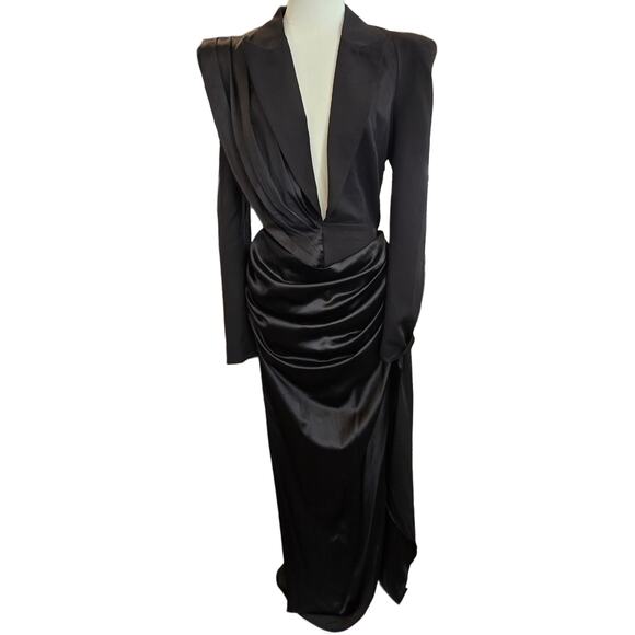 NWT Yris Black Maxi Deep Plunge Drape Dress Sz. Large - Picture 2 of 11